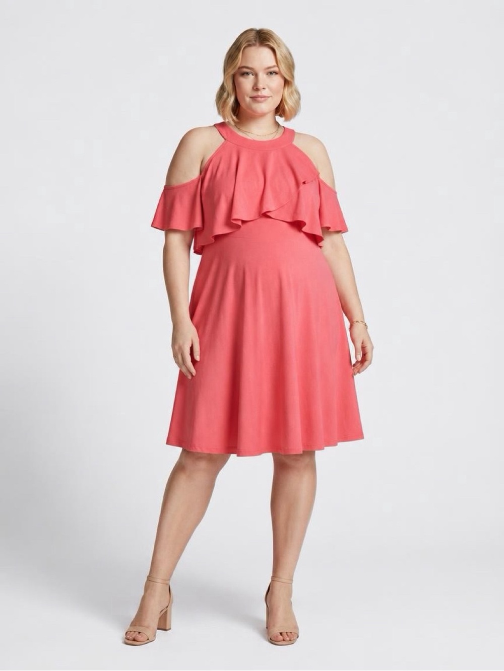 Motherhood Maternity Cold-Shoulder Coral Ruffle Dress - Women